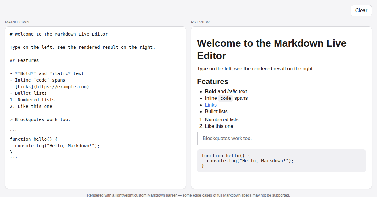 Screenshot of Markdown Live Editor