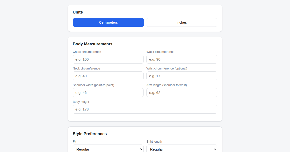 Screenshot of Shirt Calculator