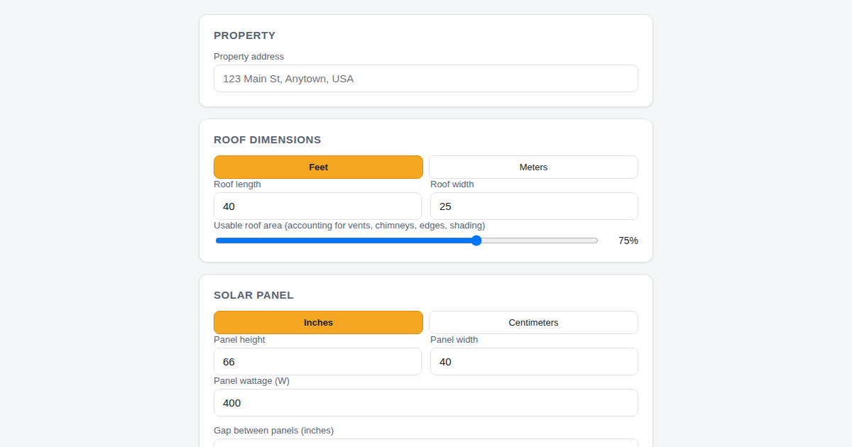 Screenshot of Solar Panel Roof Calculator