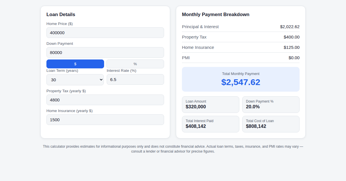 Screenshot of Mortgage Payment Calculator