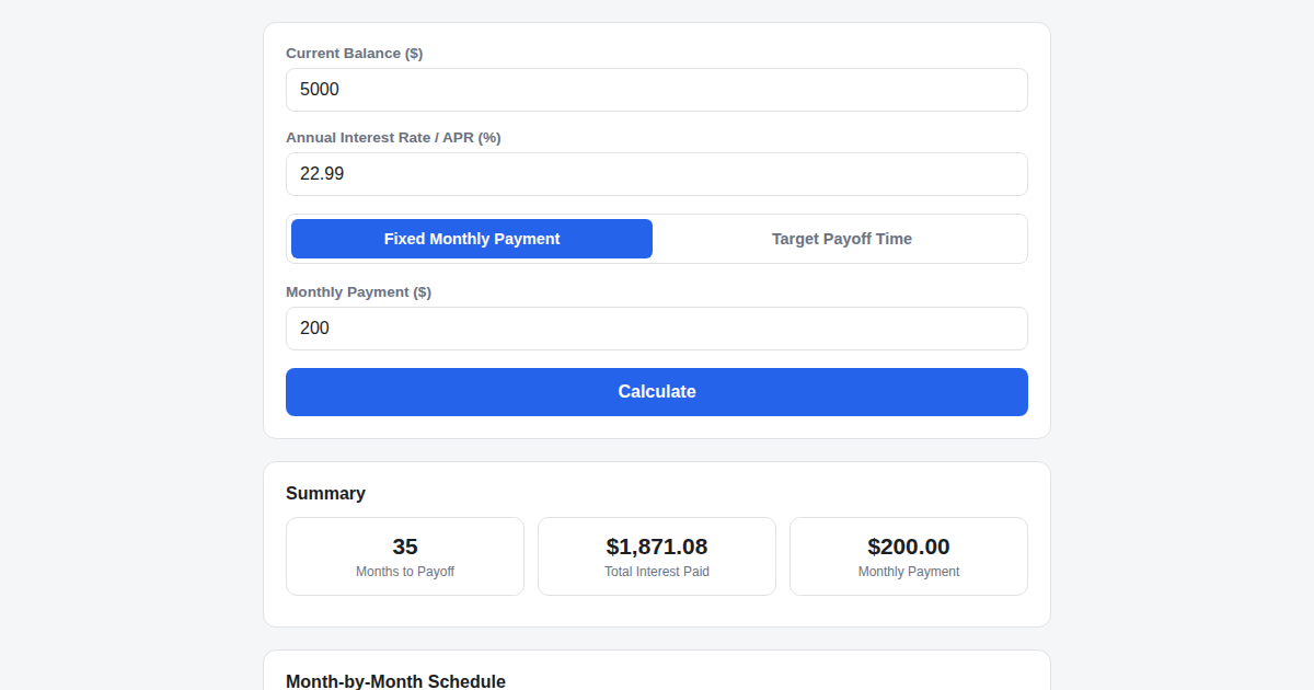 Screenshot of Credit Card Payoff Calculator