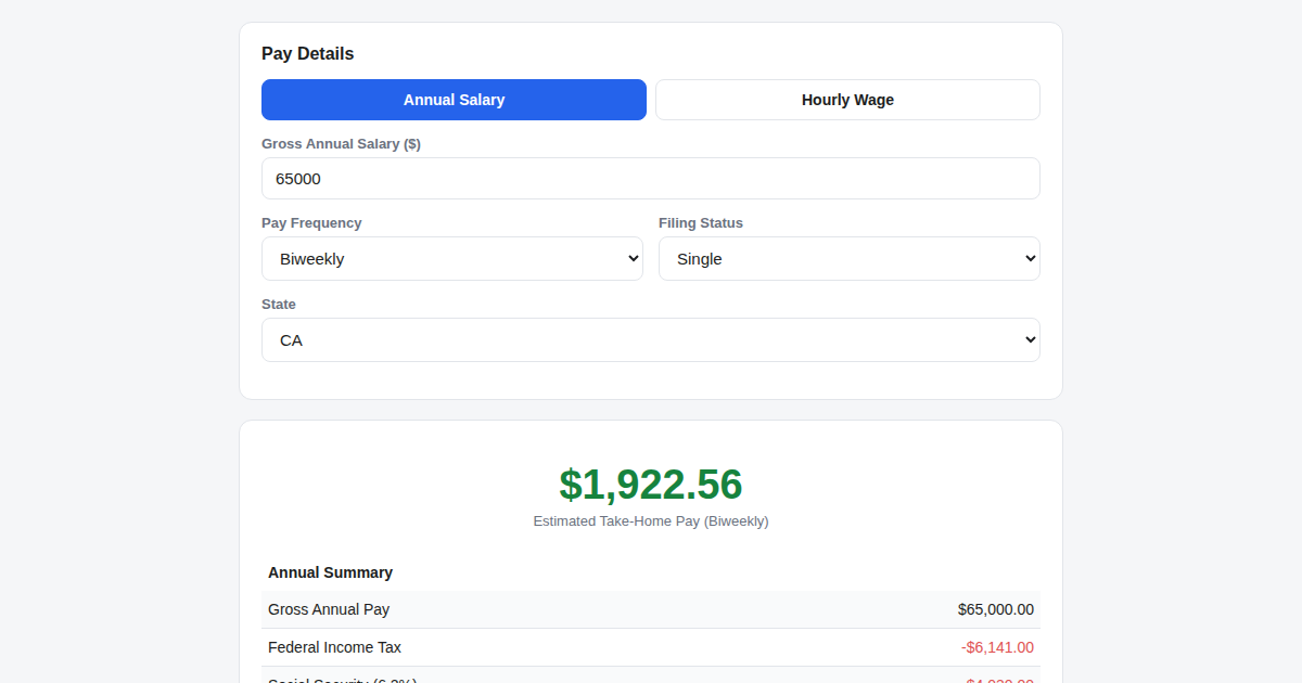 Screenshot of Paycheck Take-Home Estimator