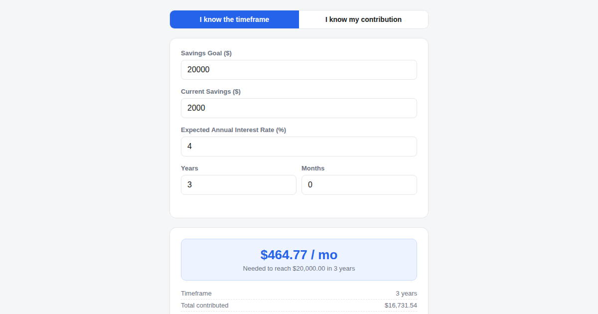 Screenshot of Savings Goal Calculator