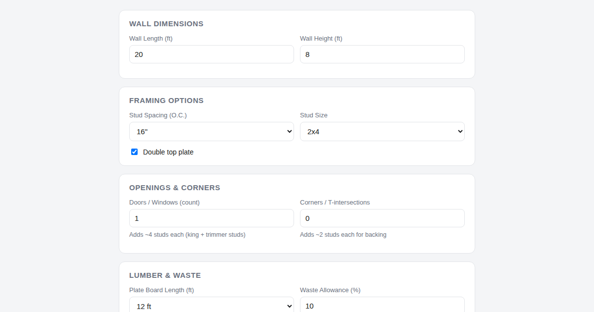 Screenshot of Wall Framing Lumber Calculator