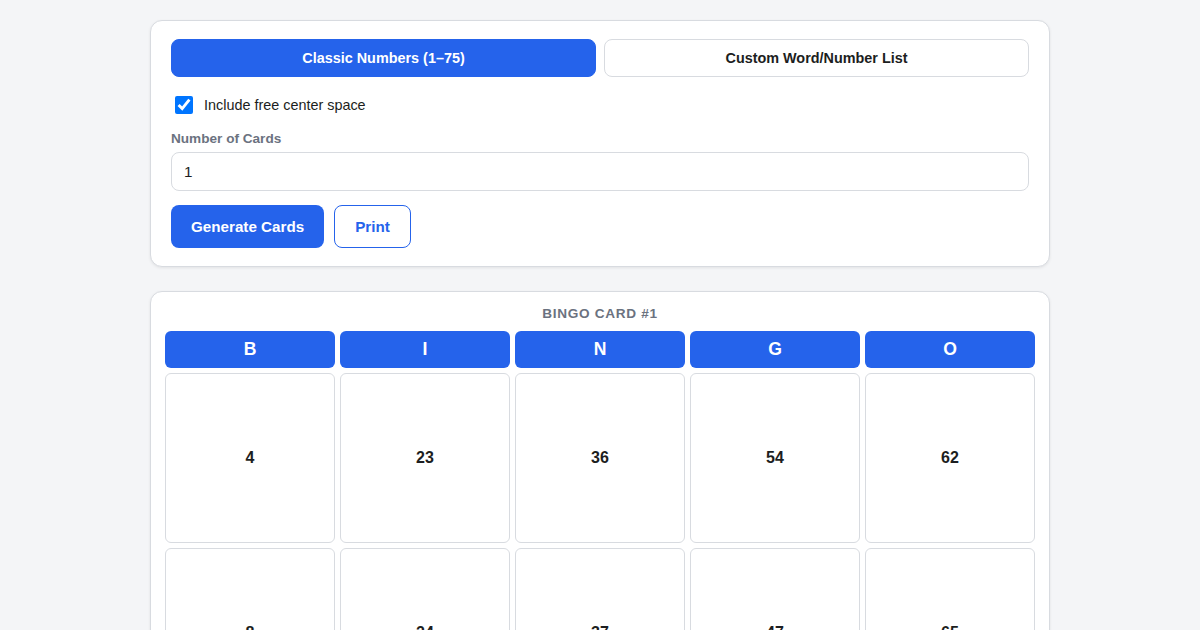 Screenshot of Bingo Card Generator