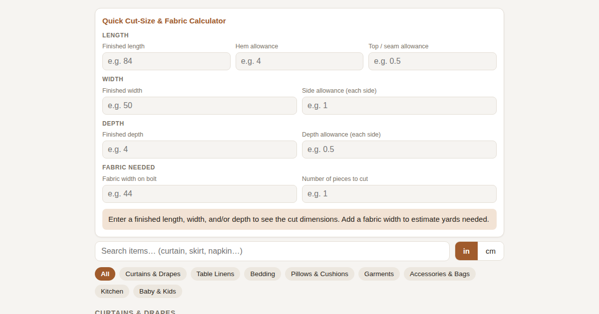 Screenshot of Sewing Items Dimensions Reference & Yard Calculator