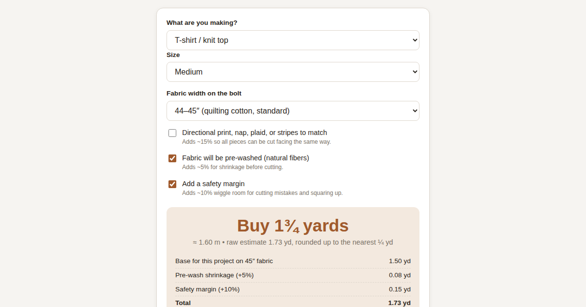Screenshot of Fabric Yardage Estimator