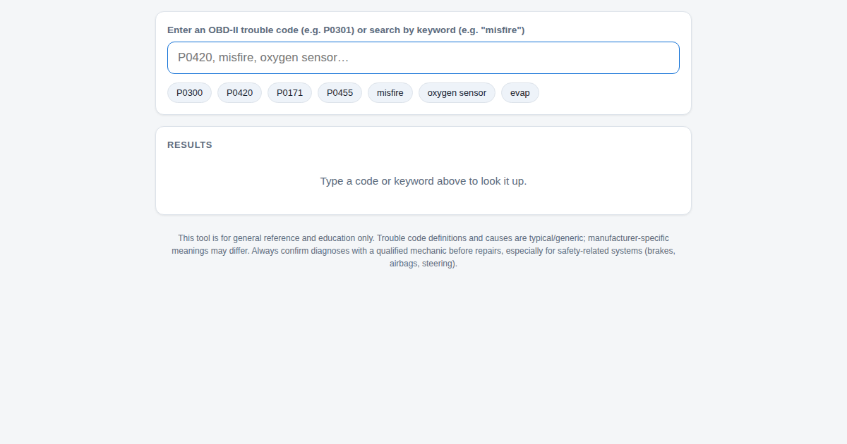Screenshot of OBD-II Car Diagnostic Code Lookup