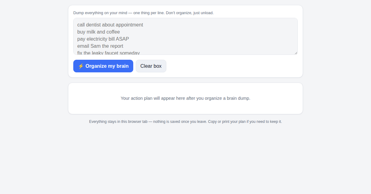 Screenshot of Brain Dump Command Center