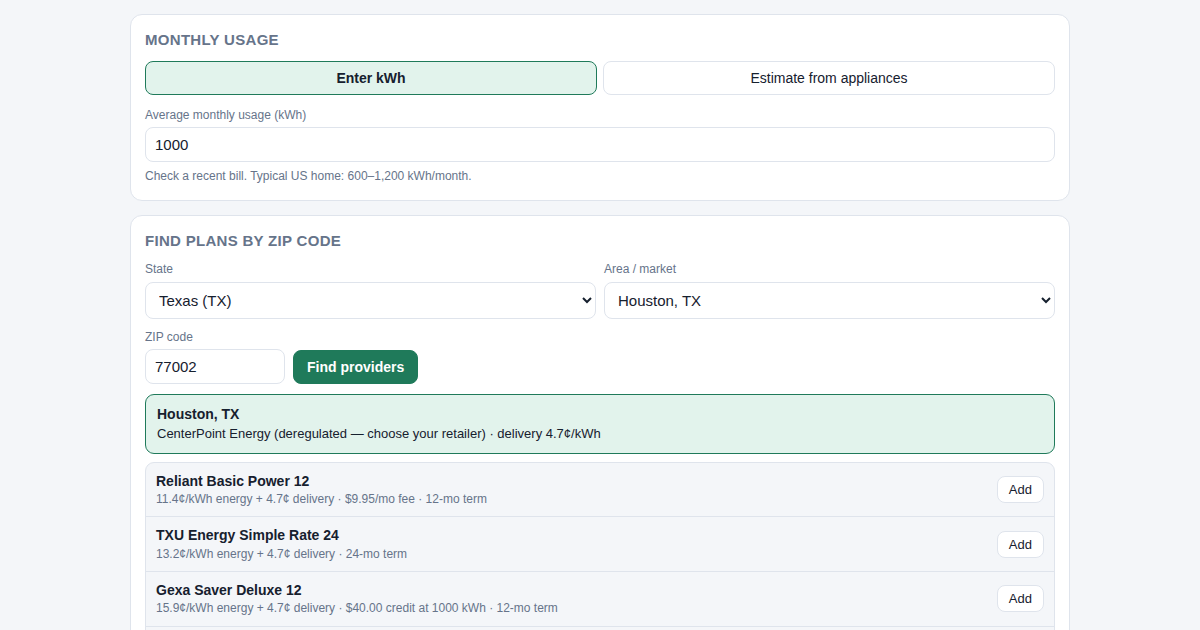 Screenshot of Electricity Plan Cost Comparer