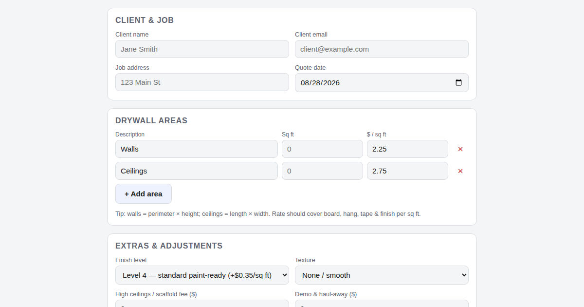 Screenshot of Drywall Quote Calculator