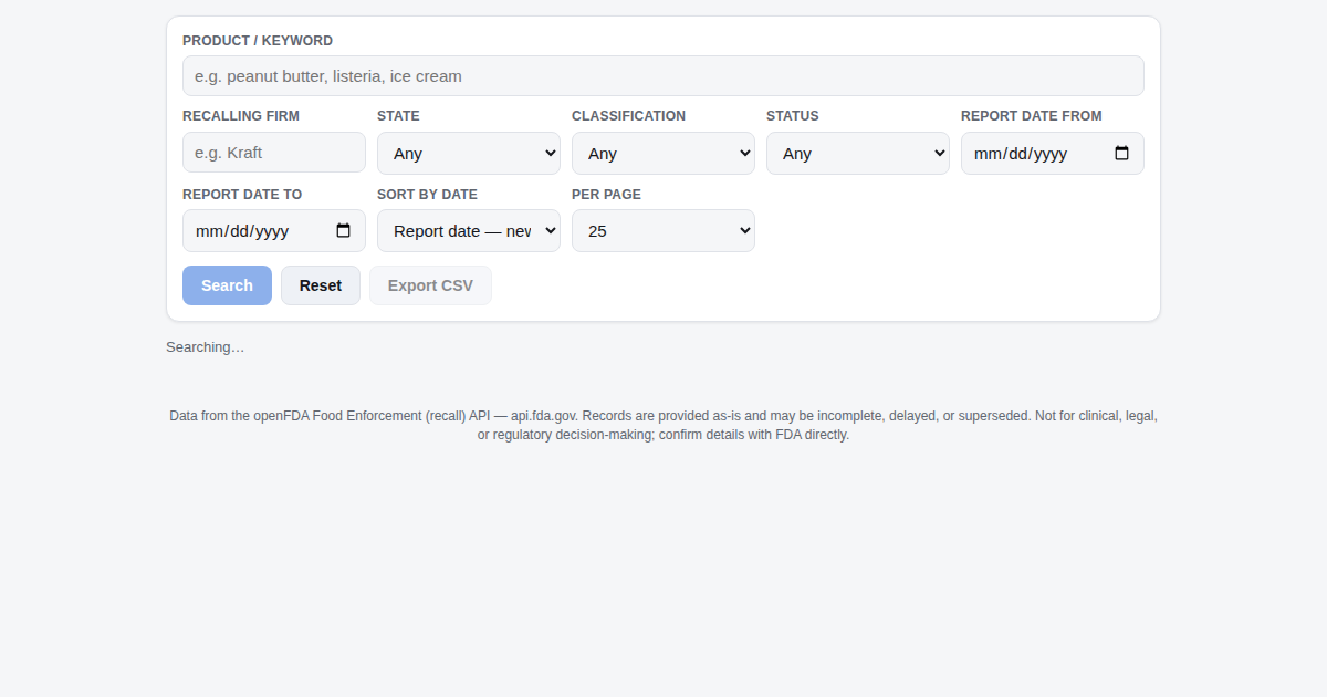 Screenshot of FDA Food Recall Lookup