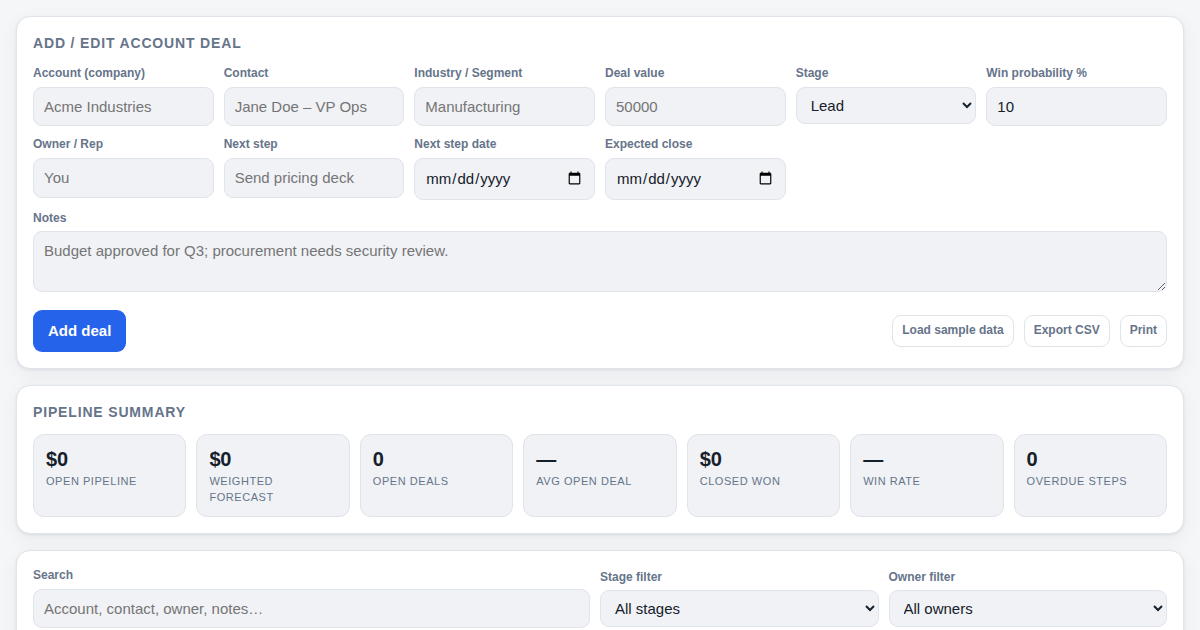 Screenshot of Corporate Account Pipeline