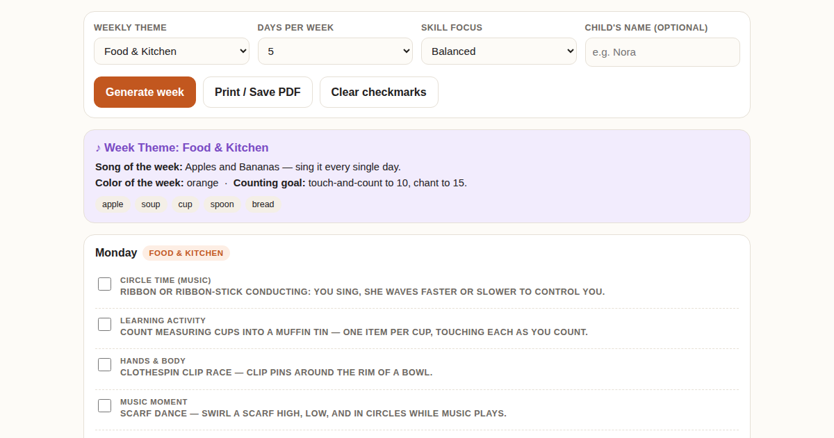 Screenshot of Tiny Tunes Homeschool Planner