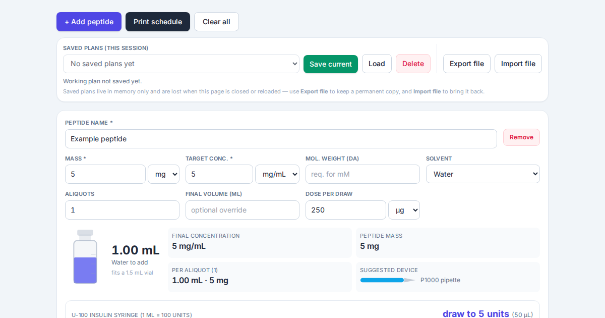 Screenshot of Peptide Reconstitution Planner