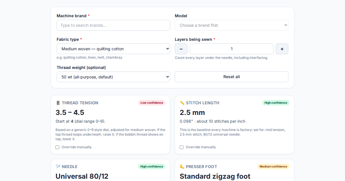 Screenshot of Sew Settings Advisor