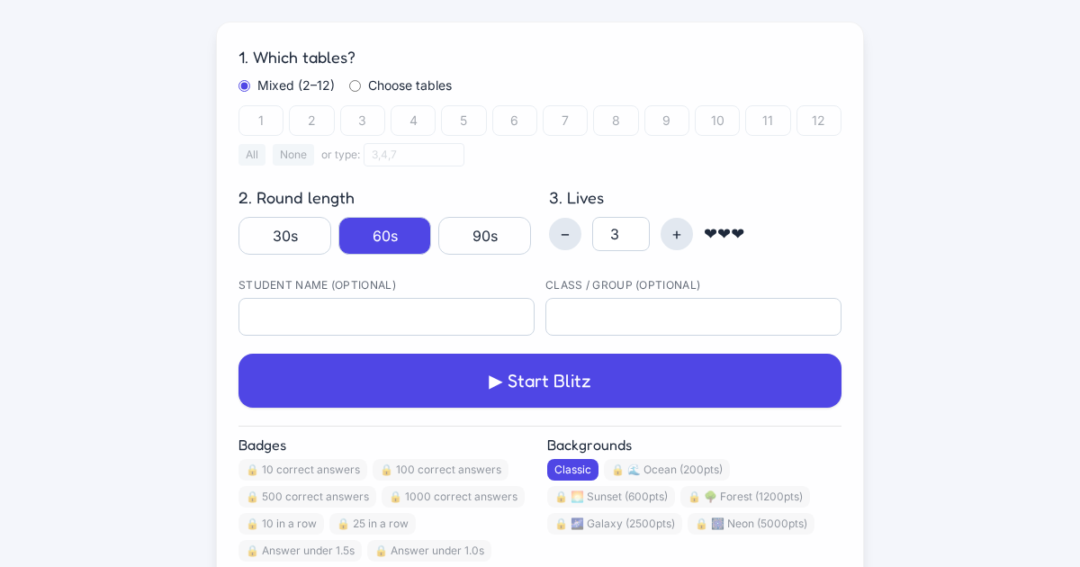 Screenshot of Times Table Blitz