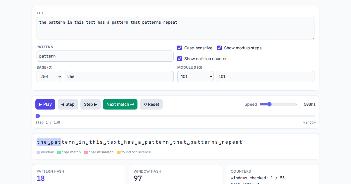 Screenshot of Rabin–Karp Visualizer