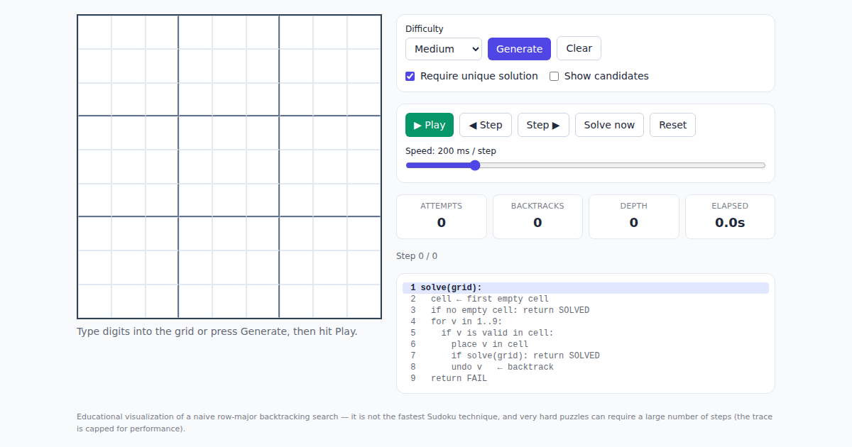 Screenshot of Sudoku Backtracking Visualizer